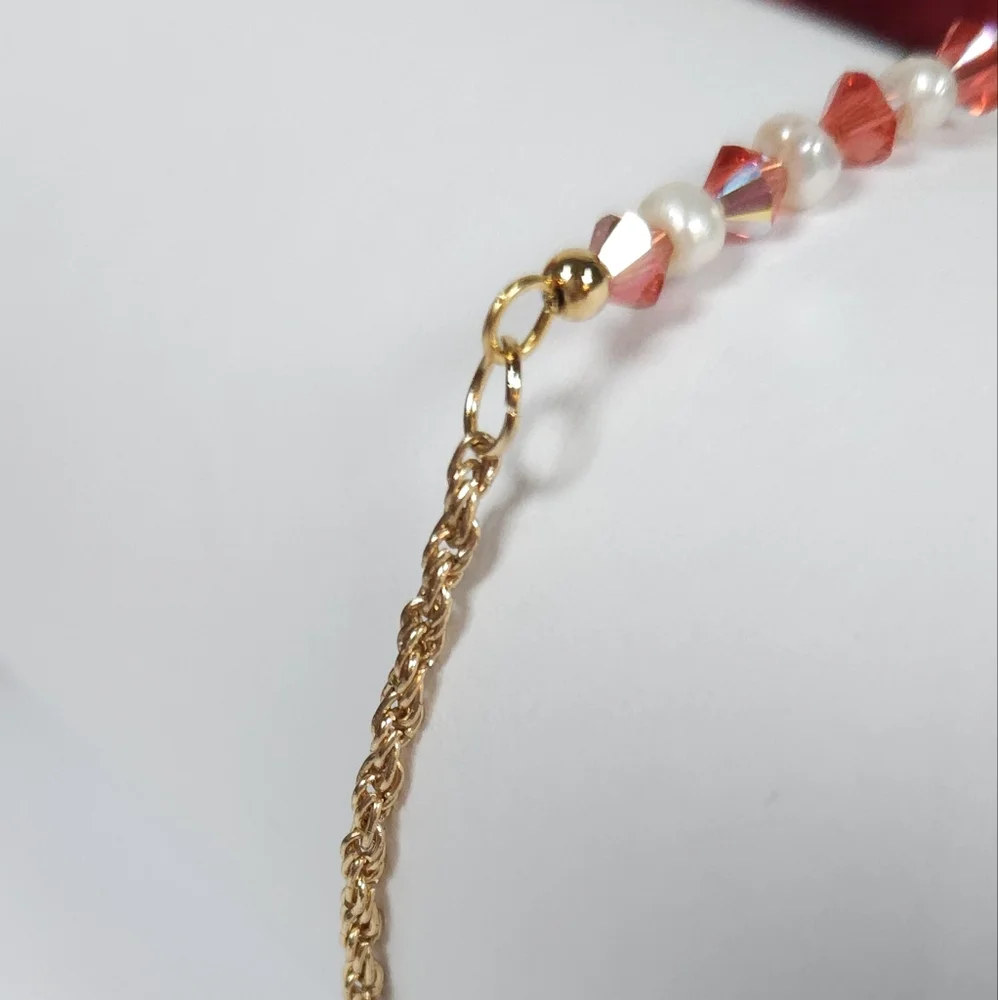 Handmade White Pearl & Pink Peach AB Crystal Bar Gold Bracelet Rope Twist Chain